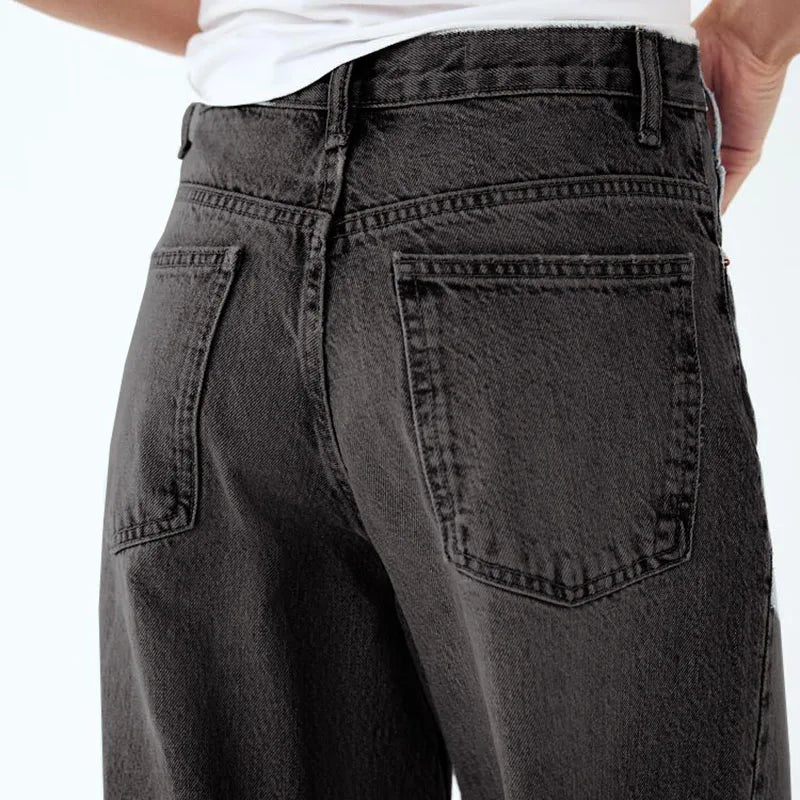 Wide Leg Jeans with Diagonal Buckle - Asymmetrical High Waist Denim