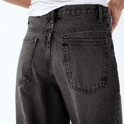 Wide Leg Jeans with Diagonal Buckle - Asymmetrical High Waist Denim
