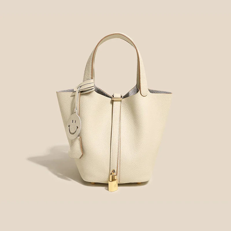 Genuine Cowhide Leather Bucket Bag - Fashion Lock Handbag with Phone Pocket | OWNLUXE