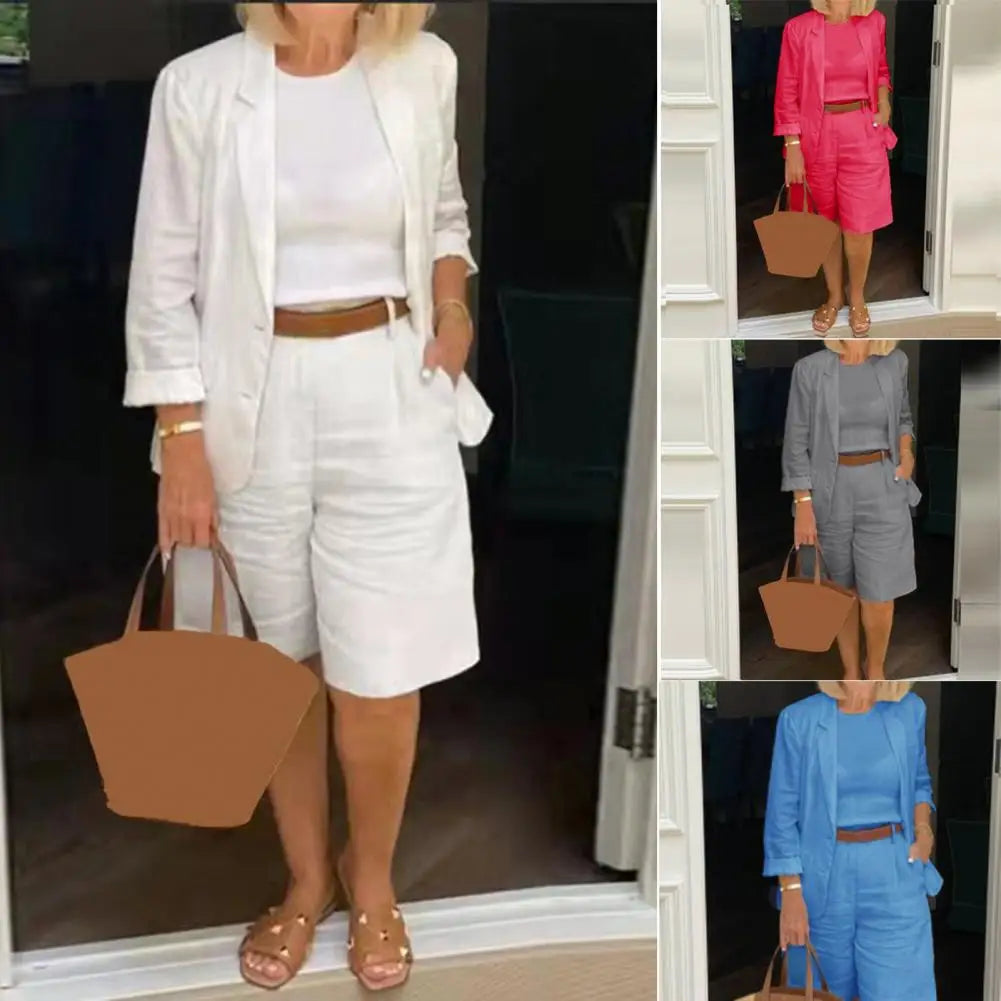 Classic Loose Fit Cotton Blend Outfit – Single-Breasted Coat & Elastic Waist Shorts