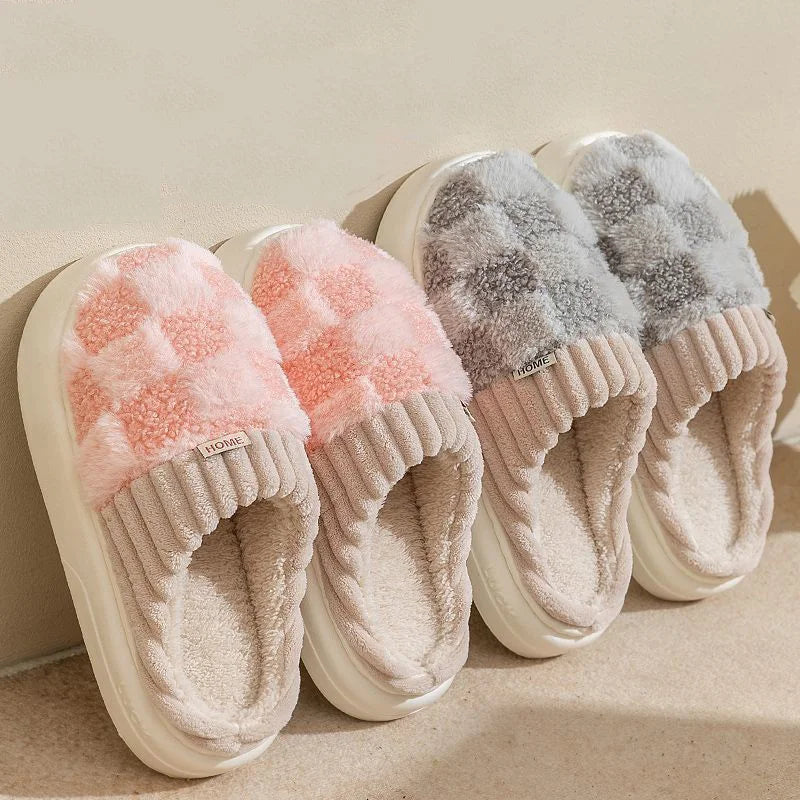 Couple Winter Plaid Slippers – Warm Fluffy Indoor Slides
