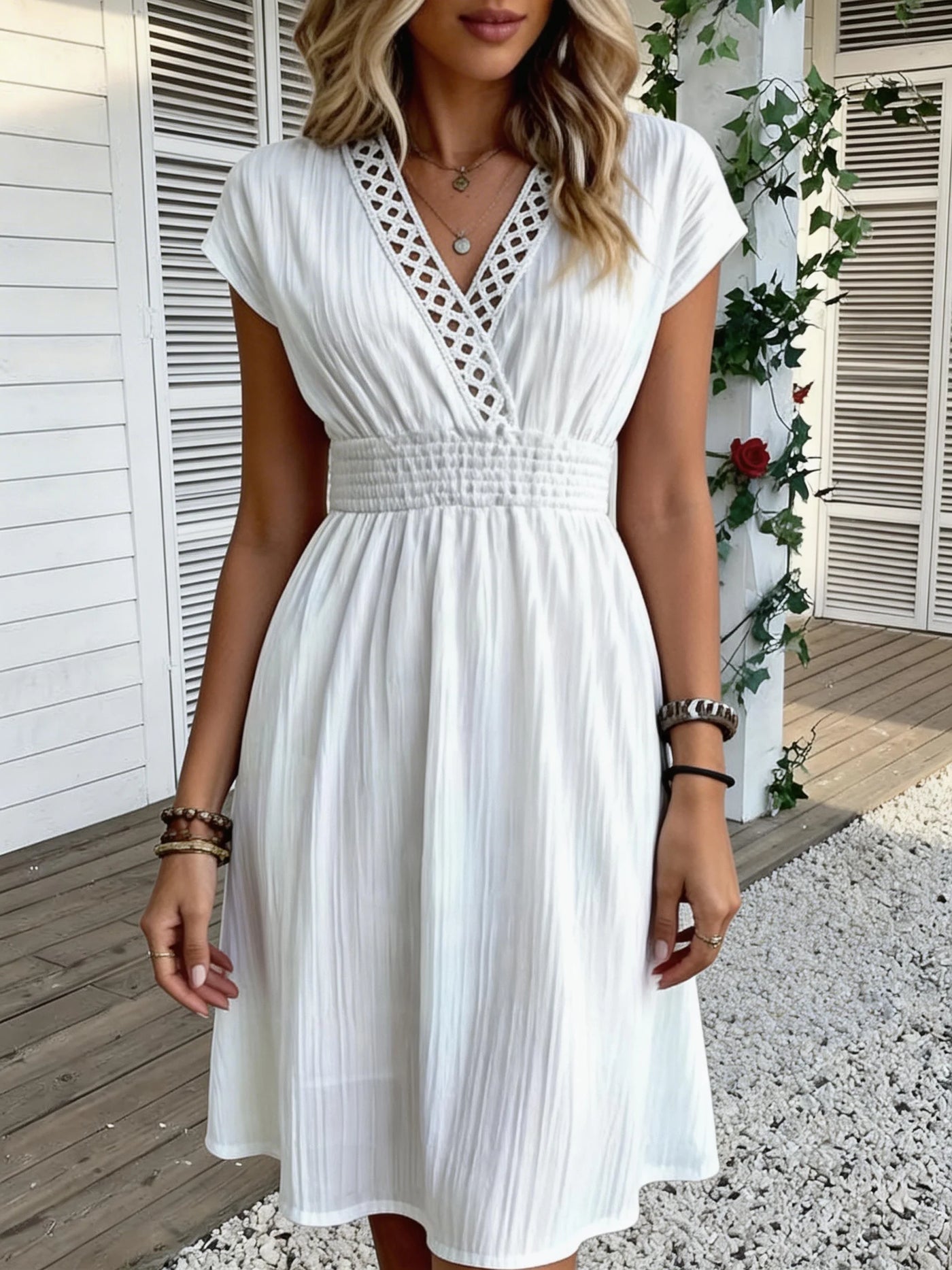 V-Neck Lace Striped Skirt | OWNLUXE