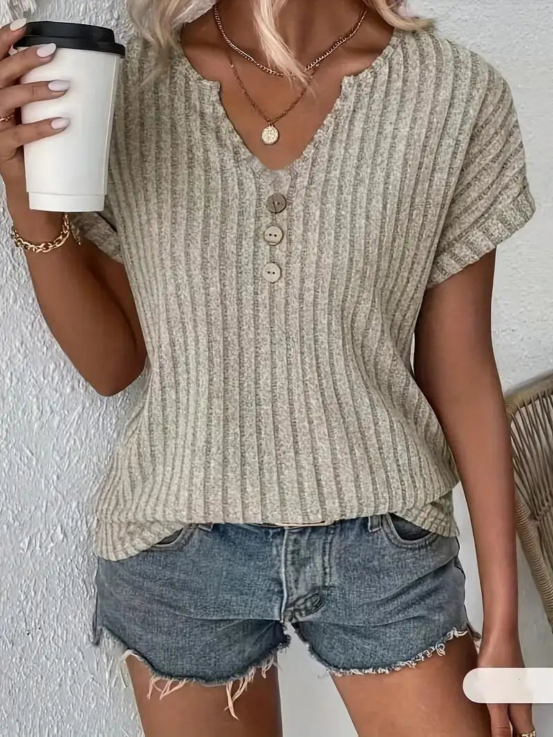 Ribbed V-Neck Blouse | OWNLUXE