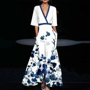 V-Neck Short Sleeve A-Line Maxi Dress – Casual Flowy Print Dress