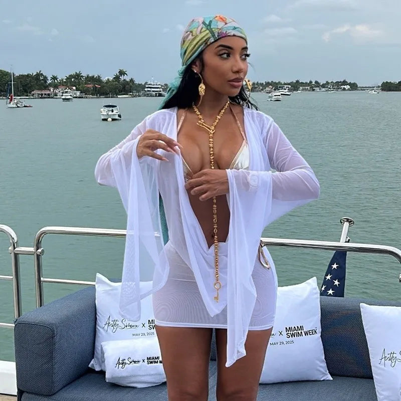 Off-Shoulder Mesh A-Line Wrap Swim Cover-Up | OWNLUXE