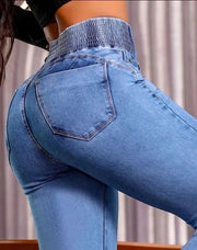 Plaid Slim Boyfriend Jeans – High-Stretch Ankle-Length