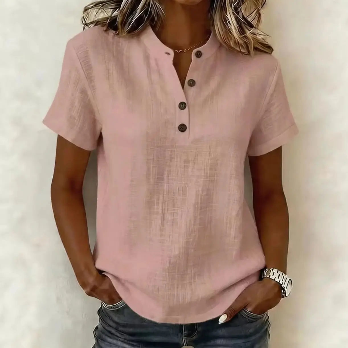 Women's Short Sleeve Button Front Relaxed Fit Top | OWNLUXE