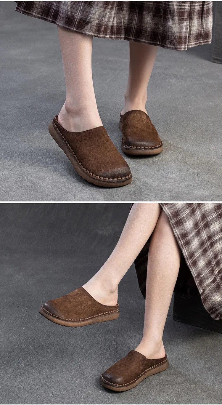 Genuine Leather Flat Slippers – Handmade Retro Women’s Mules