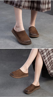 Genuine Leather Flat Slippers – Handmade Retro Women’s Mules