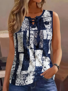 Plus Size Retro Lace-Up Tank Top – Geometric Summer Style | Débardeur Lacé Rétro Grande Taille – Motif Géométrique Été
