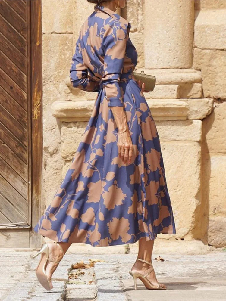 Printed A-Line Mid-Calf Dress with Turn-Down Collar