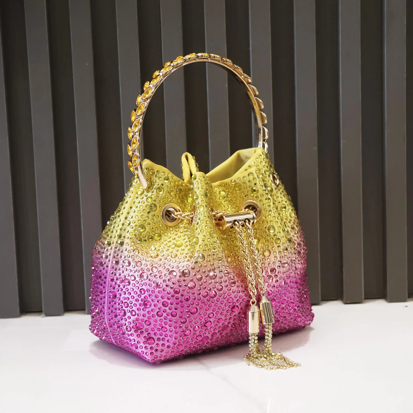 Crystal Bucket Evening Bag (Green Pink) | OWNLUXE