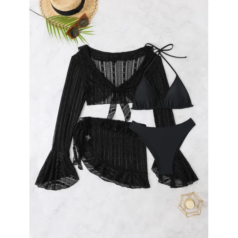 Beachwear Swimwear Ruffle Cropped Lace Top Long Sleeve Tie Front Wrap Skirt Black White Pareo Women's Cover-up