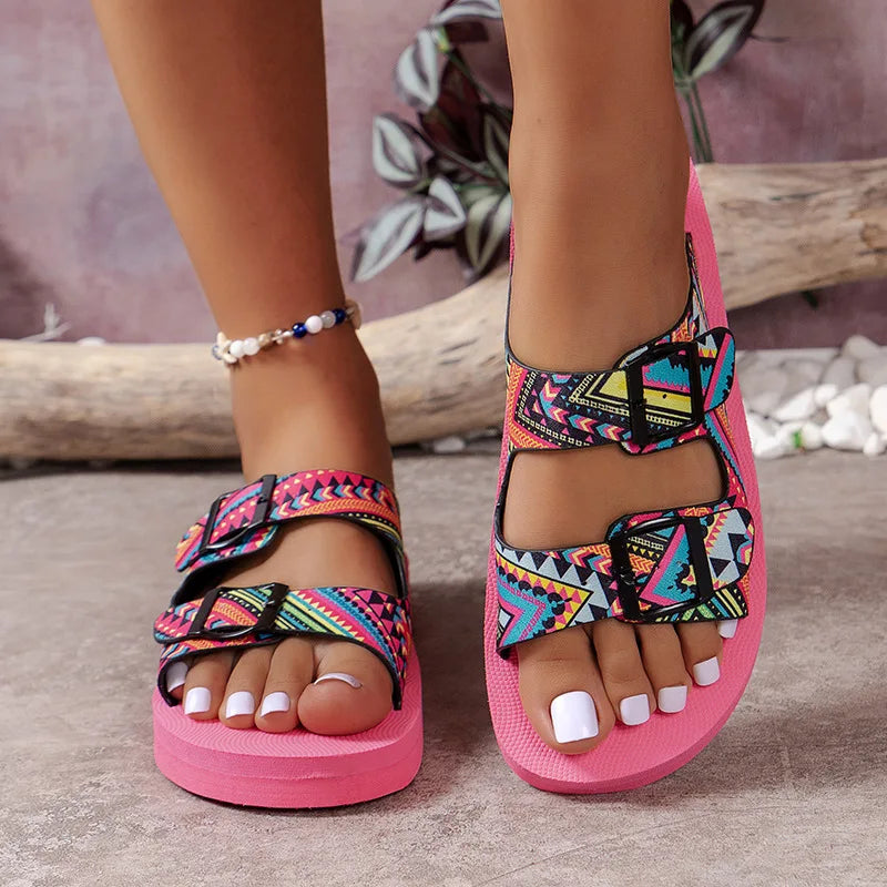 Women’s Buckle Slide Sandals – Lightweight Mixed Color Flats
