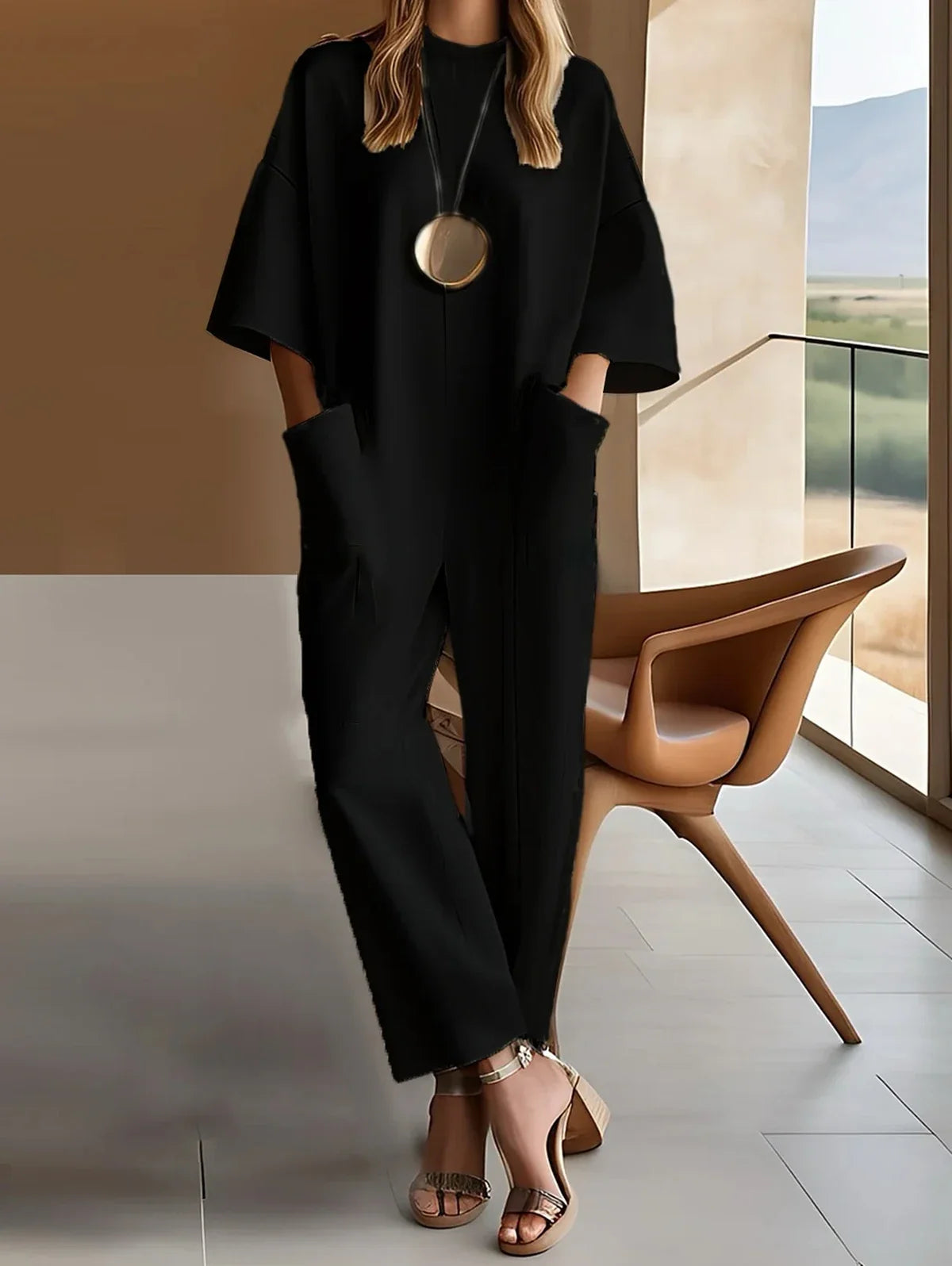 Relaxed-Fit Pocket Round-Neck Minimalist Jumpsuit | OWNLUXE