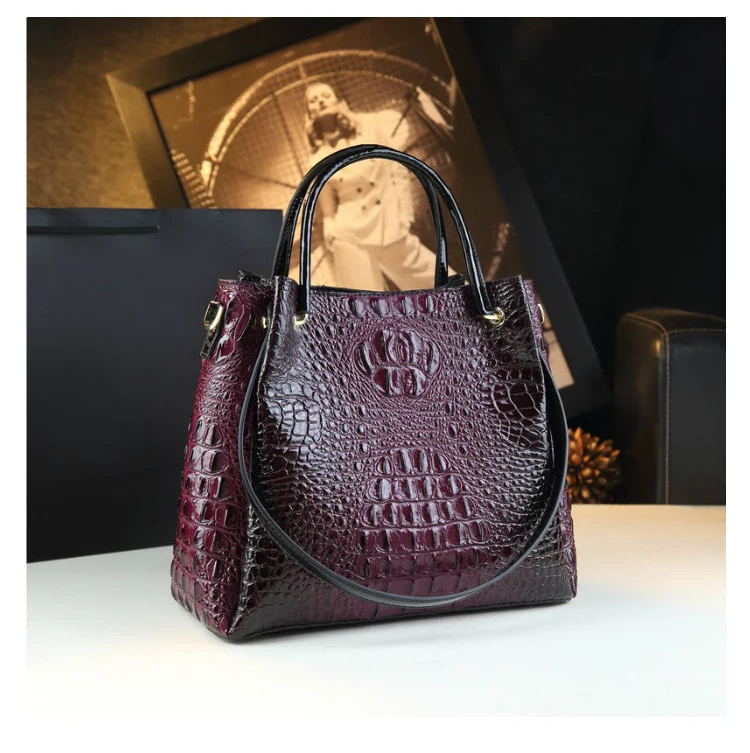 Genuine Leather Crocodile Print Tote - 2025 Trend Bucket Bag