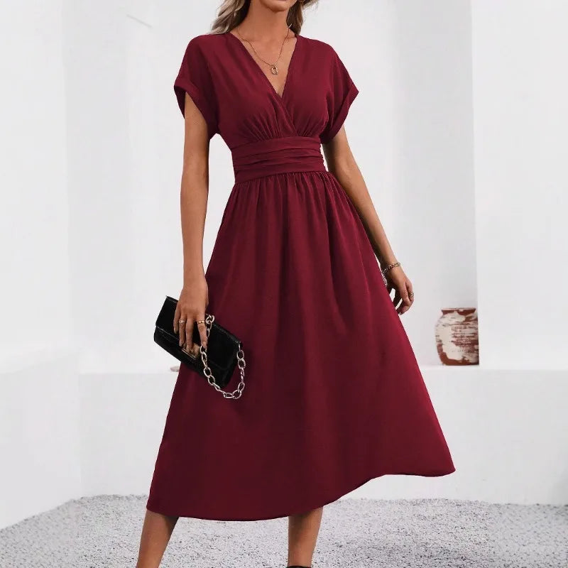 Batwing-Sleeve V-Neck Pleated Dress | OWNLUXE