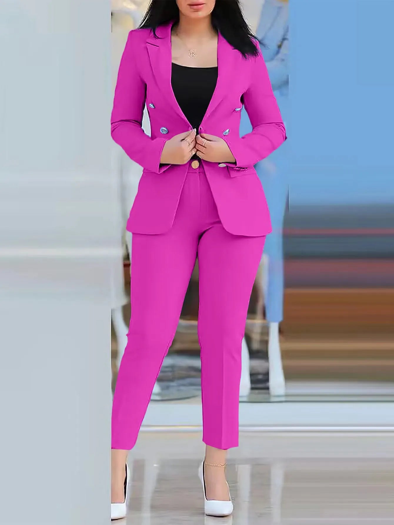 Double-Breasted Formal Pantsuit - Two-Piece Suit Set for Women