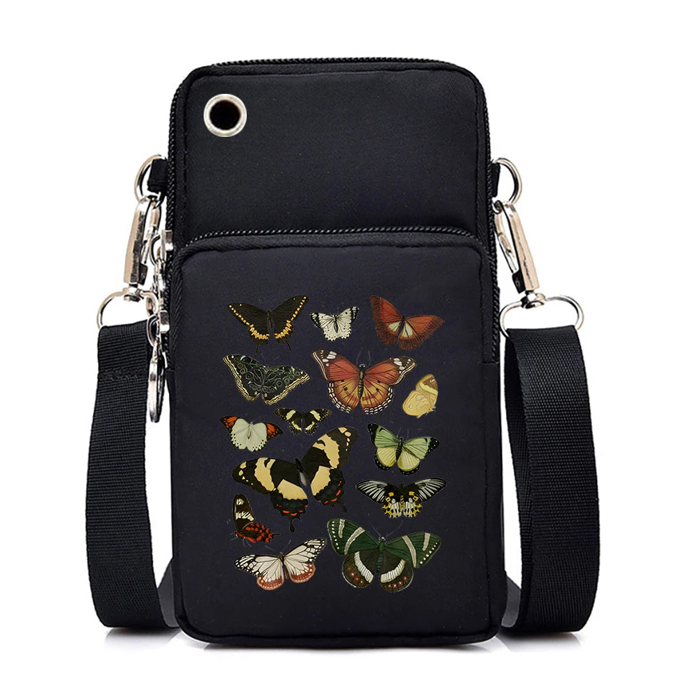 Mini Nylon Phone Crossbody Bag – Butterfly Print Neck Pouch with Zipper