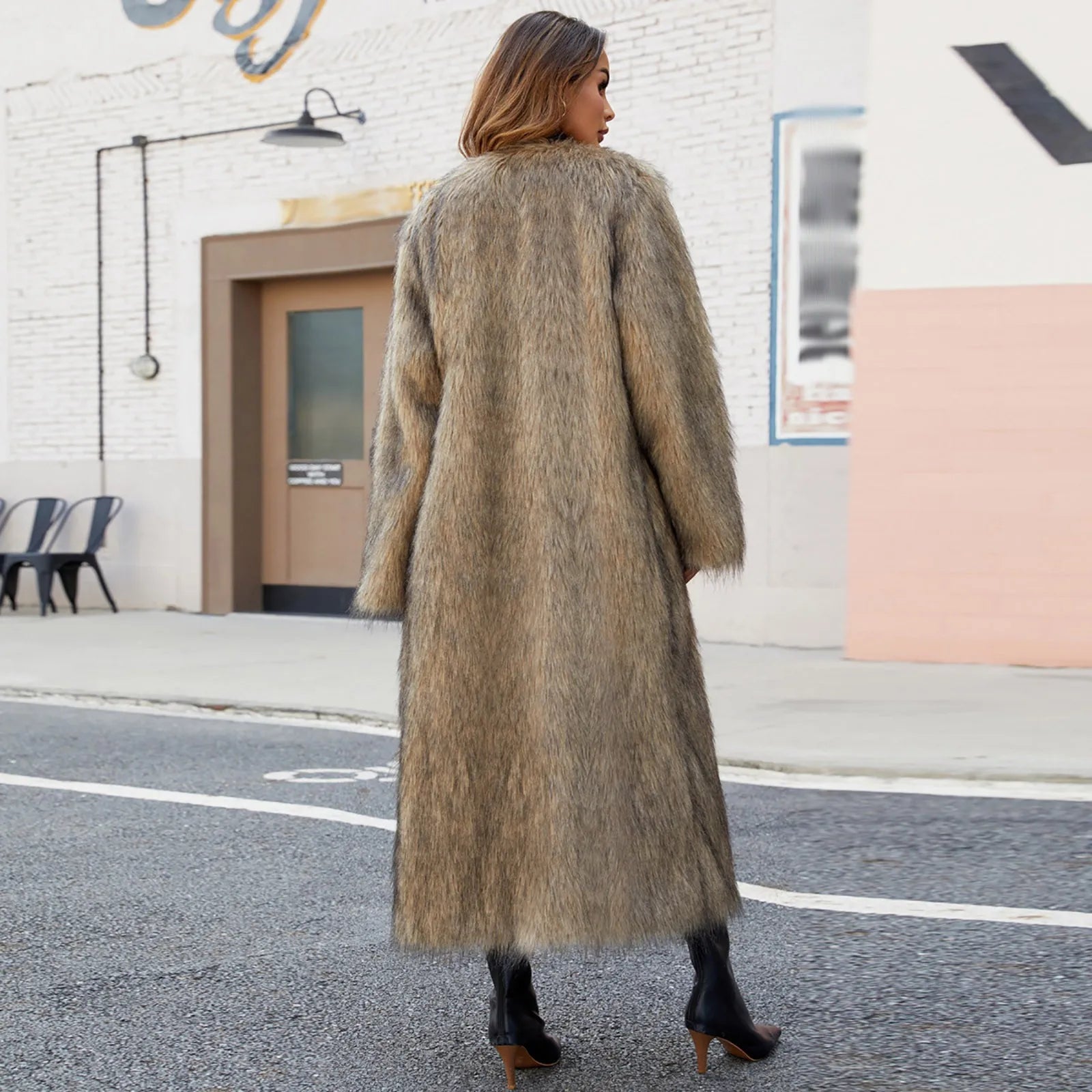 Women's Faux Fur Long Coat – Warm Plus Size Winter Jacket, Open Front, Flare Sleeve