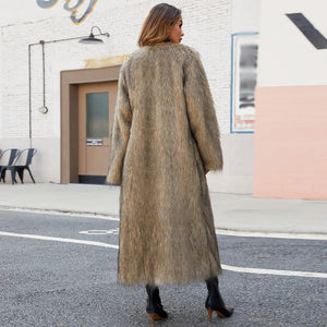 Women's Faux Fur Long Coat – Warm Plus Size Winter Jacket, Open Front, Flare Sleeve