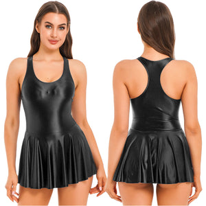 Women's Swimsuit U Neck Leotard Dresses Sportswear Swimwear Glossy Tank Dress One-Piece Sleeveless Yoga Ballet Dance Costume