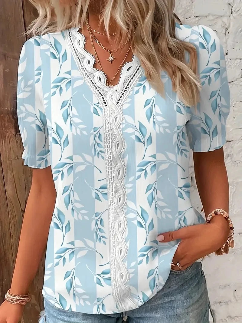 V-Neck Striped Cutout Blouse | OWNLUXE