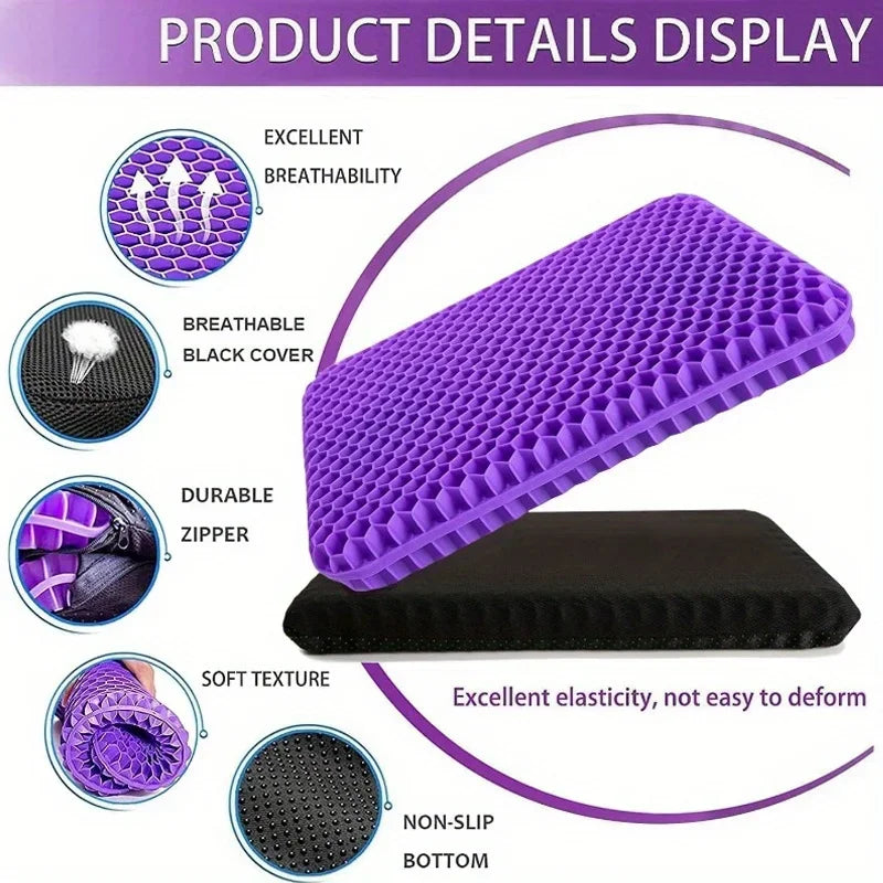 Breathable Gel Seat Cushion - 100% Honeycomb TPR with Protective Cover for Office, Car & Wheelchair