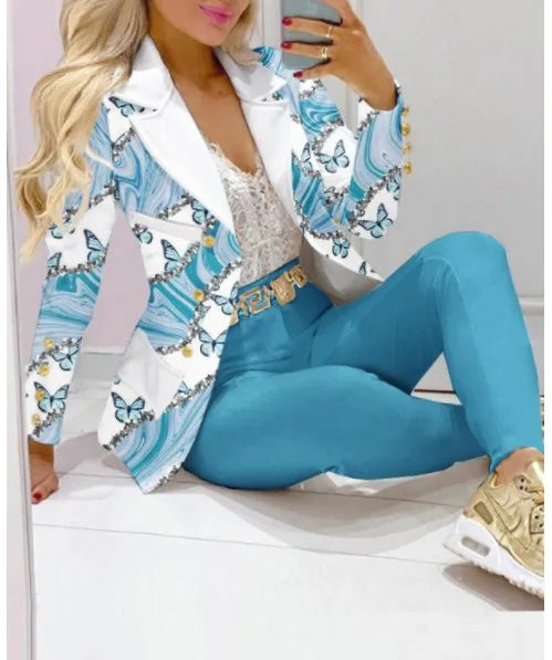 Spring Autumn Fashion Blazers Pant Sets Long Sleeve Print Coat Two Piece | OWNLUXE