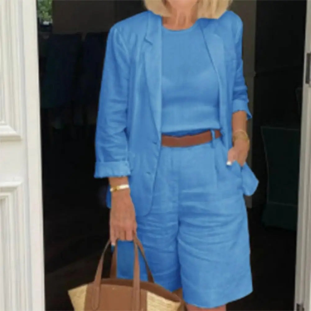 Classic Loose Fit Cotton Blend Outfit – Single-Breasted Coat & Elastic Waist Shorts