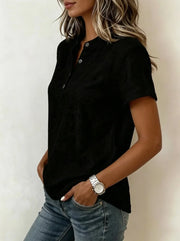 Women's Short Sleeve Button Front Relaxed Fit Top | OWNLUXE