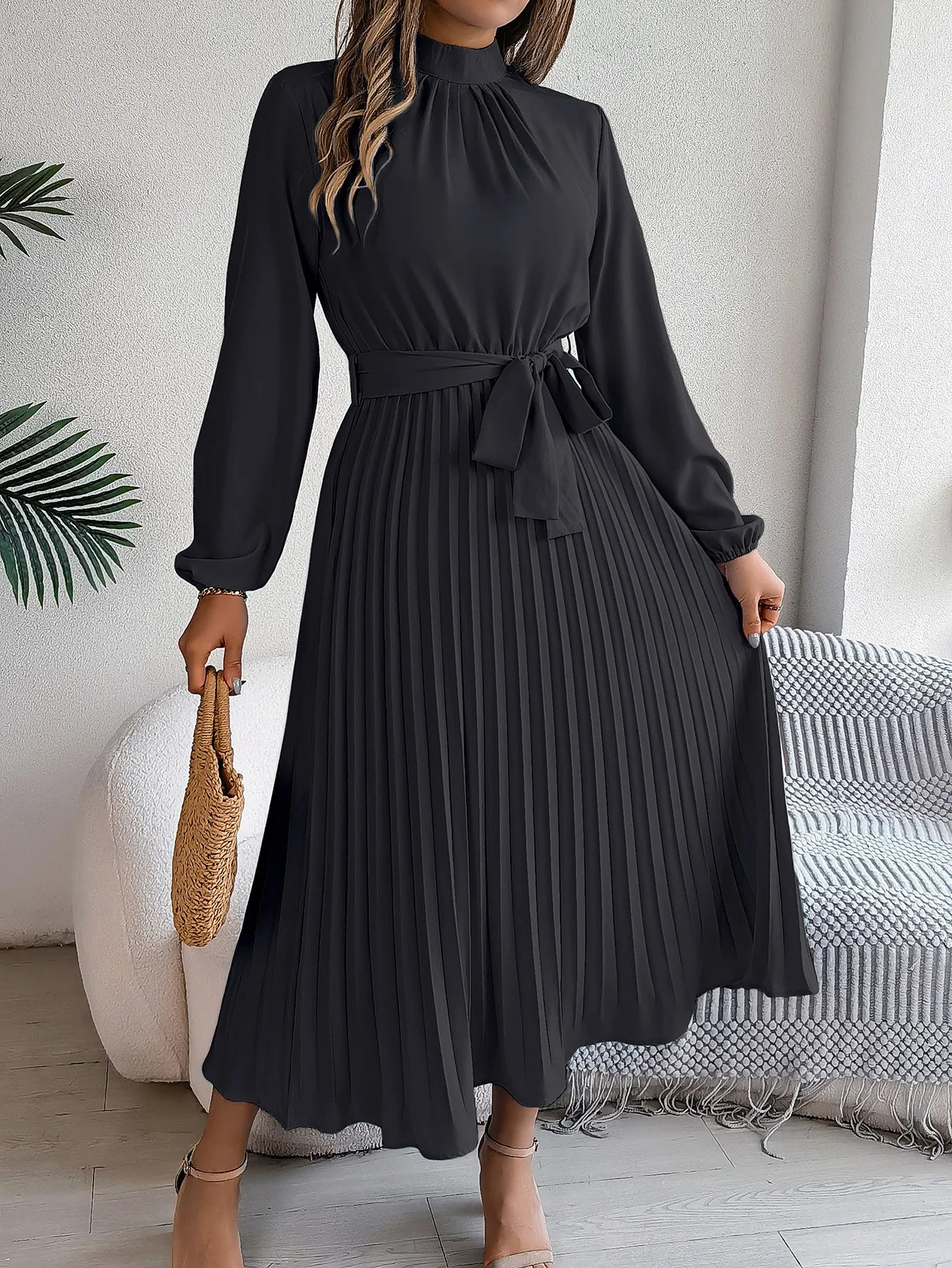 Slim-Fit A-Line Solid Dress with Stand Collar – Ankle-Length, Sashes Detail, Autumn/Winter