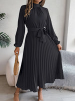 Load image into Gallery viewer, Slim-Fit A-Line Solid Dress with Stand Collar – Ankle-Length, Sashes Detail, Autumn/Winter
