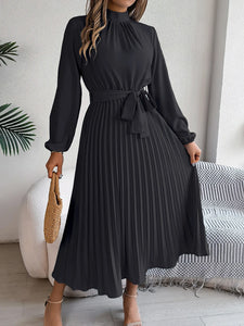Slim-Fit A-Line Solid Dress with Stand Collar – Ankle-Length, Sashes Detail, Autumn/Winter