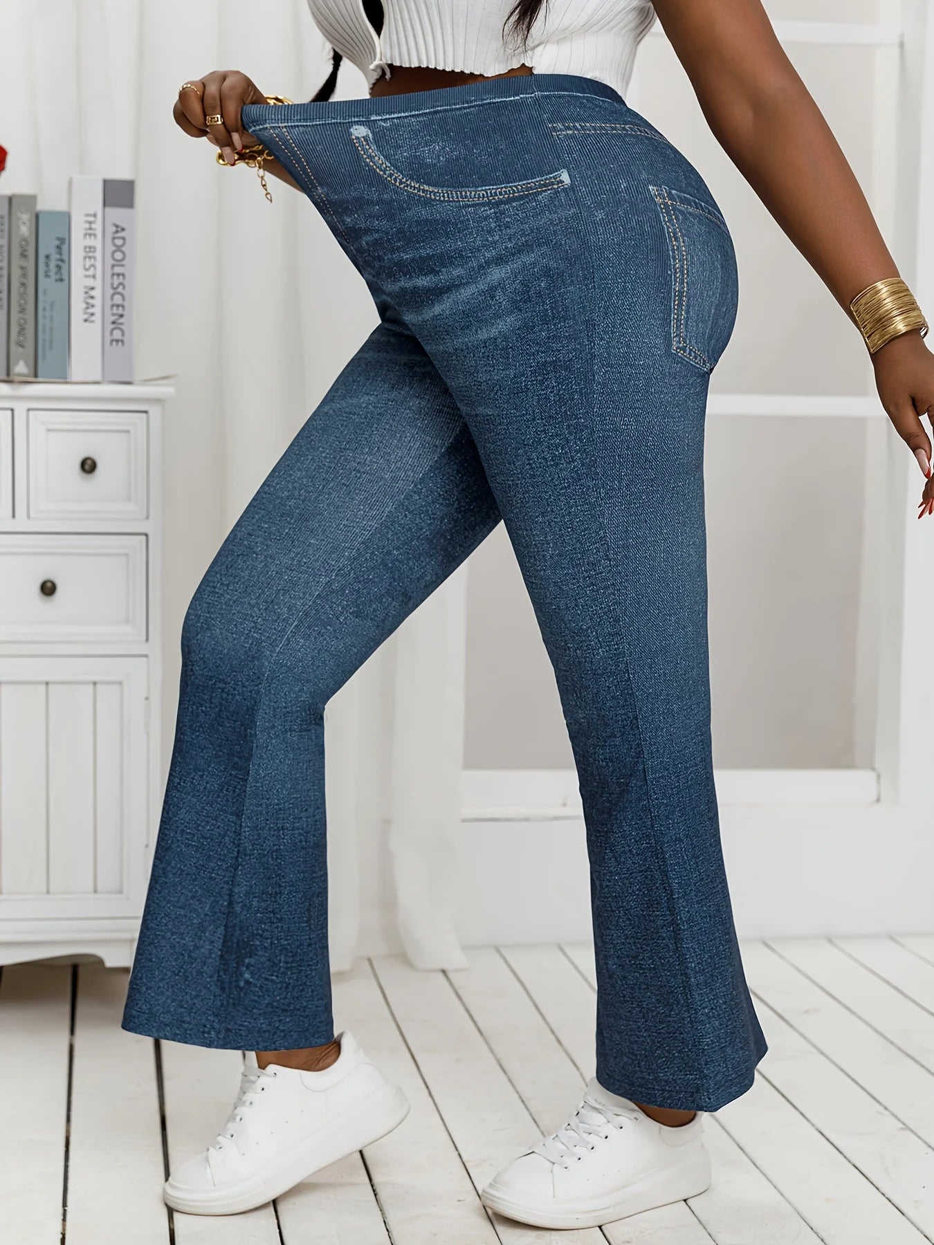 Women's Plus Size Denim Print Flared Pants - High Stretch Slimming Trousers