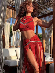 Beachapche Crochet Knitted Women Beach Cover Ups  Tassel Macrame Long Maxi Dress Backless Vestidos Customizable