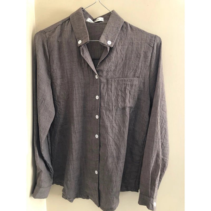 Women's Pleated Cotton-Spandex Blouse – Classic Turn-Down Collar Shirt