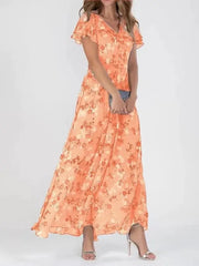 Beach Holiday Chiffon Midi Dress V-Neck Long Sleeve Casual Loose | OWNLUXE