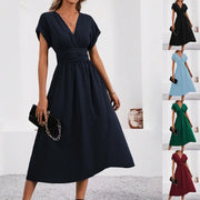 Batwing-Sleeve V-Neck Pleated Dress | OWNLUXE