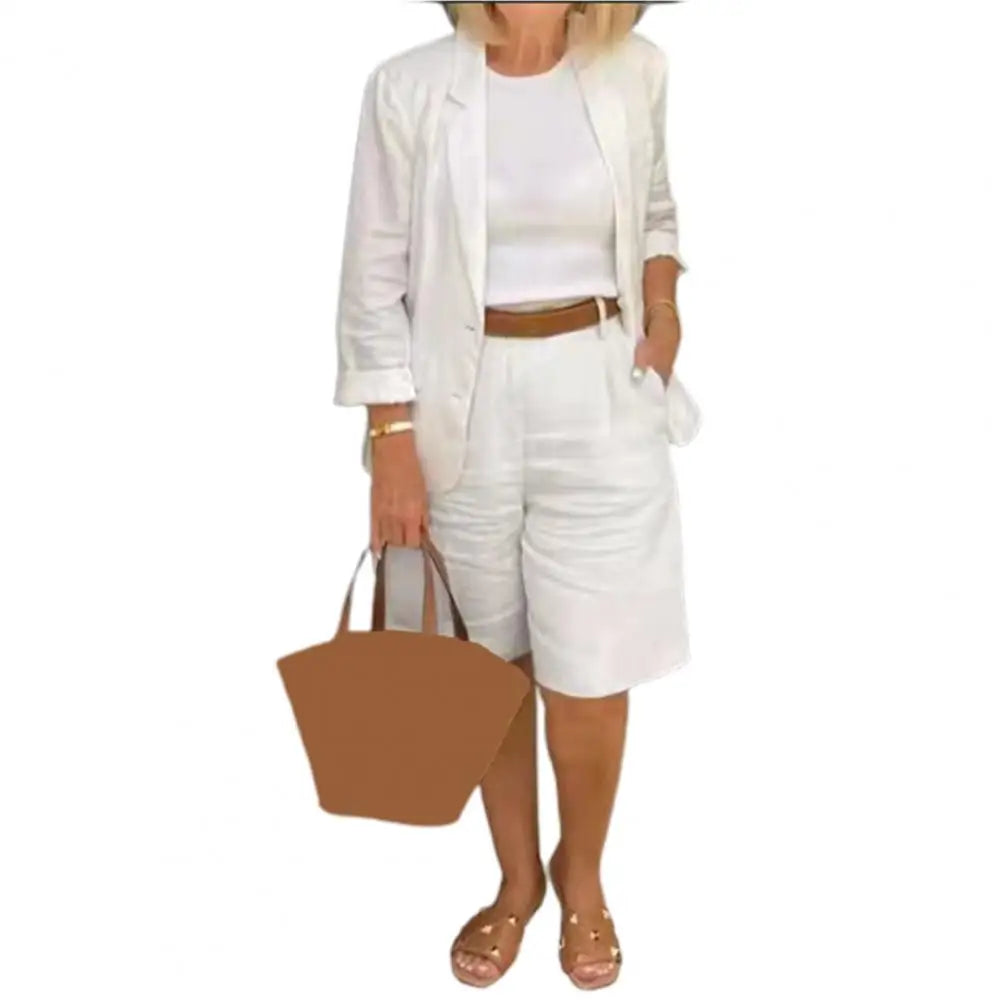 Classic Loose Fit Cotton Blend Outfit – Single-Breasted Coat & Elastic Waist Shorts