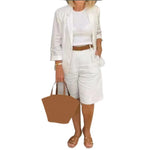 Load image into Gallery viewer, Classic Loose Fit Cotton Blend Outfit – Single-Breasted Coat &amp; Elastic Waist Shorts
