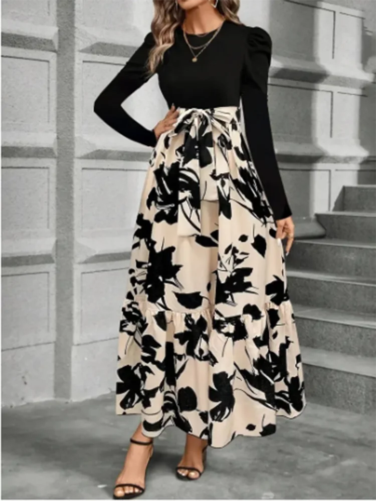 Loose-Fit Patchwork Print Dress with O-Neck – Ankle-Length, Casual Autumn/Winter