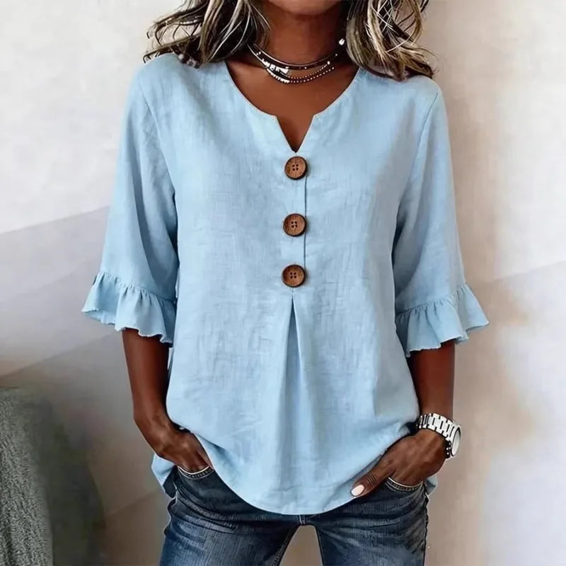 Button Perfect V-Neck Linen Lightweight Blouse | OWNLUXE