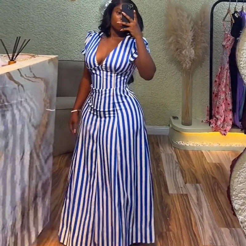 Women's Short Sleeve V-Neck Striped Dress | OWNLUXE