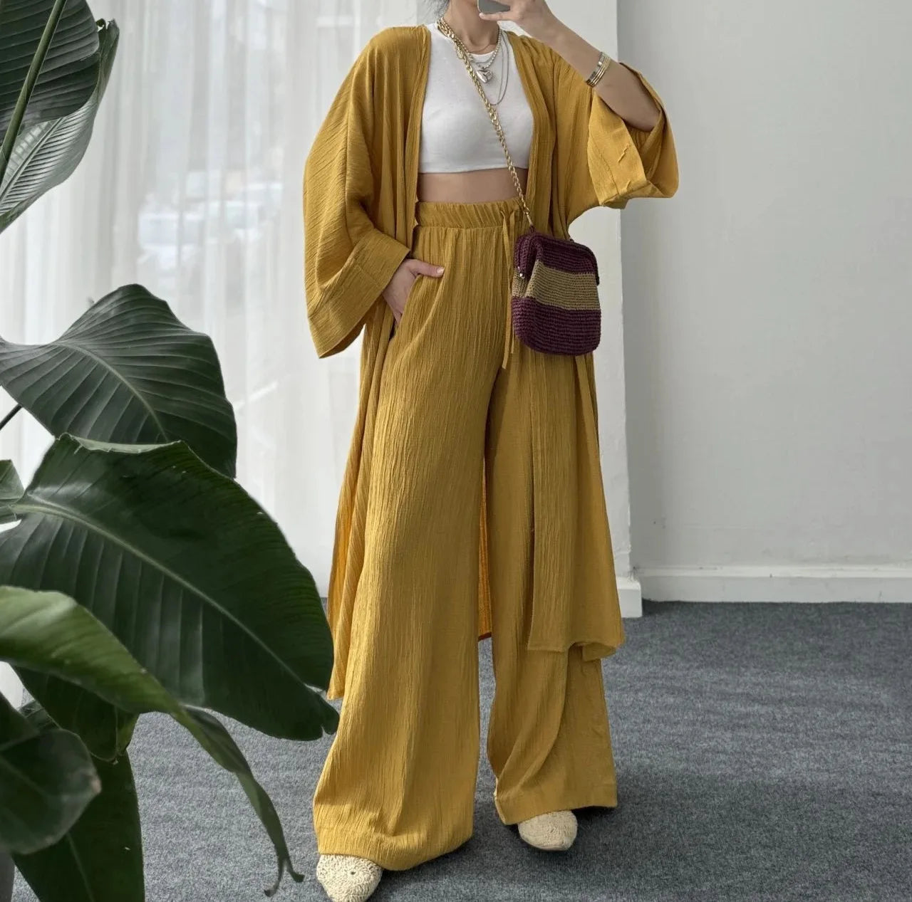 Longline Wide-Leg Pant Set - High Waist Two-Piece for Women