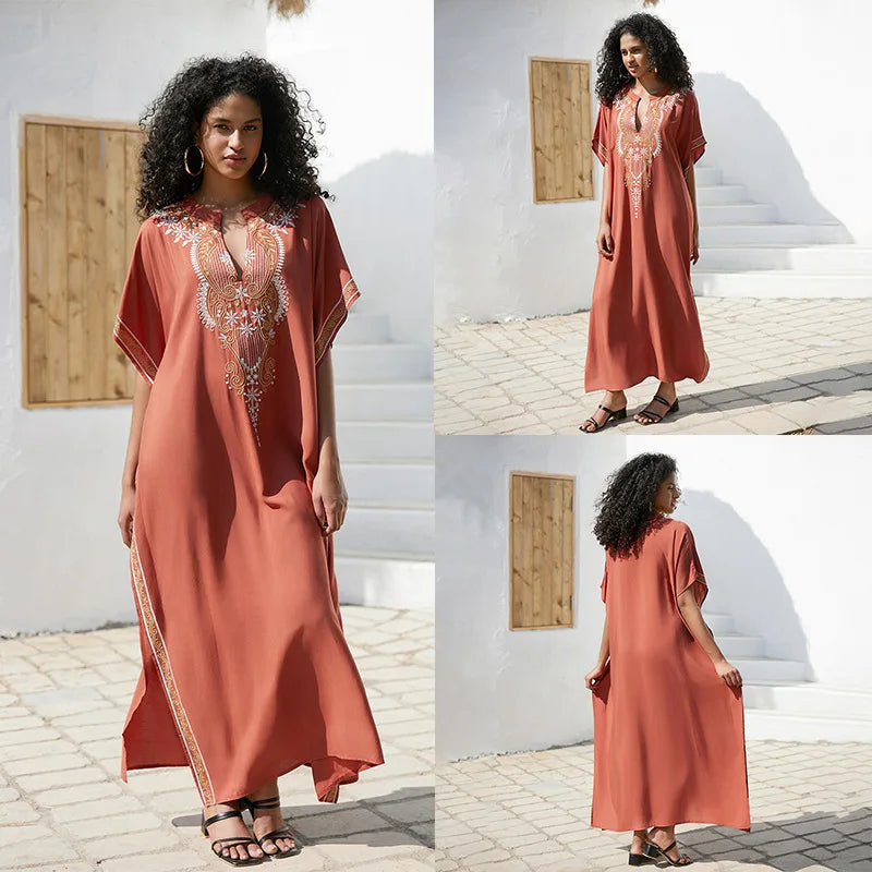 Embroidered V-Neck Short-Sleeve Swim Cover-Up | OWNLUXE
