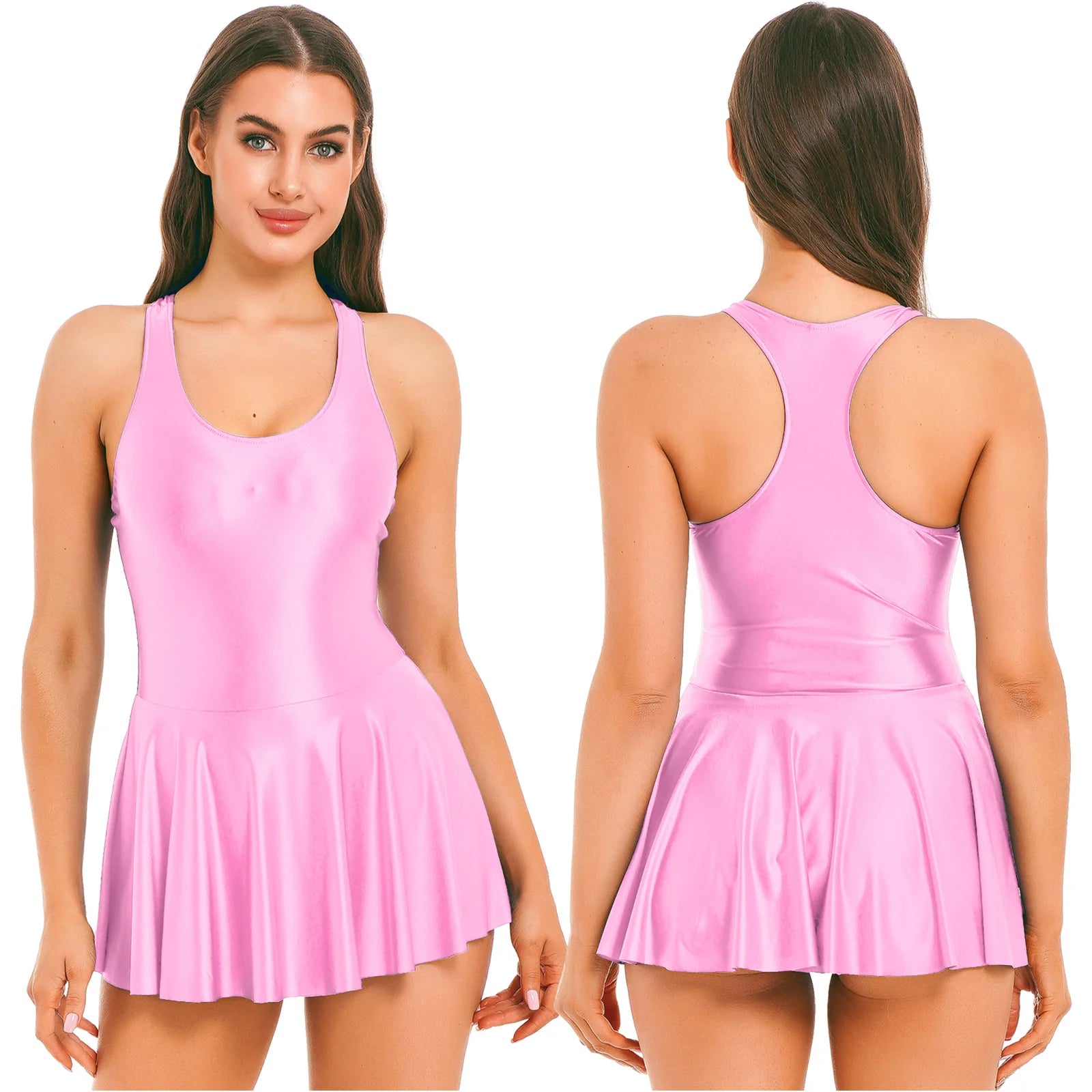 Women's Swimsuit U Neck Leotard Dresses Sportswear Swimwear Glossy Tank Dress One-Piece Sleeveless Yoga Ballet Dance Costume