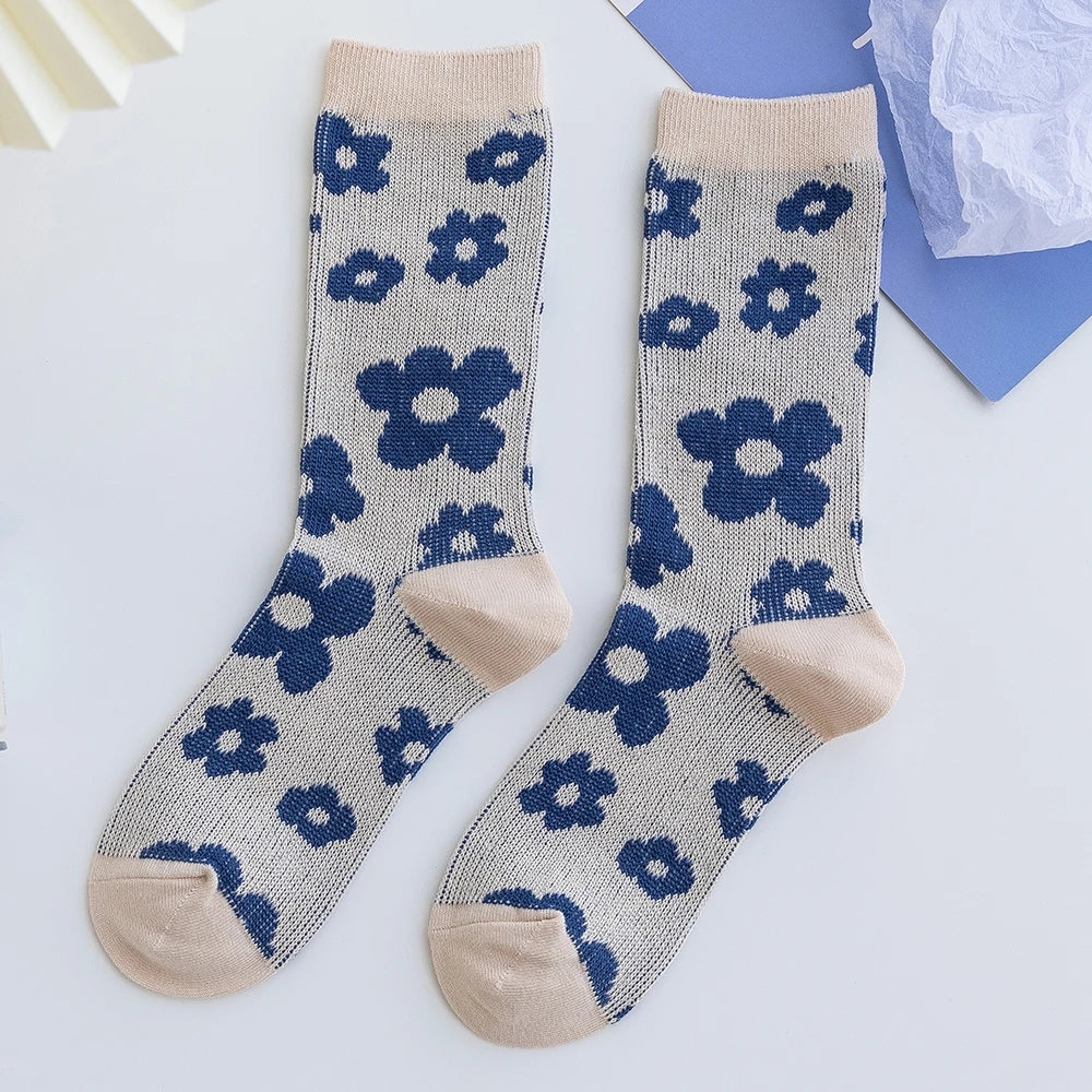 1 Pair Women Socks Spring Autumn Retro Style Men Couple Cotton Socks Flower Stripe Plaid Pattern Solid Colorful Socks EUR 37-43