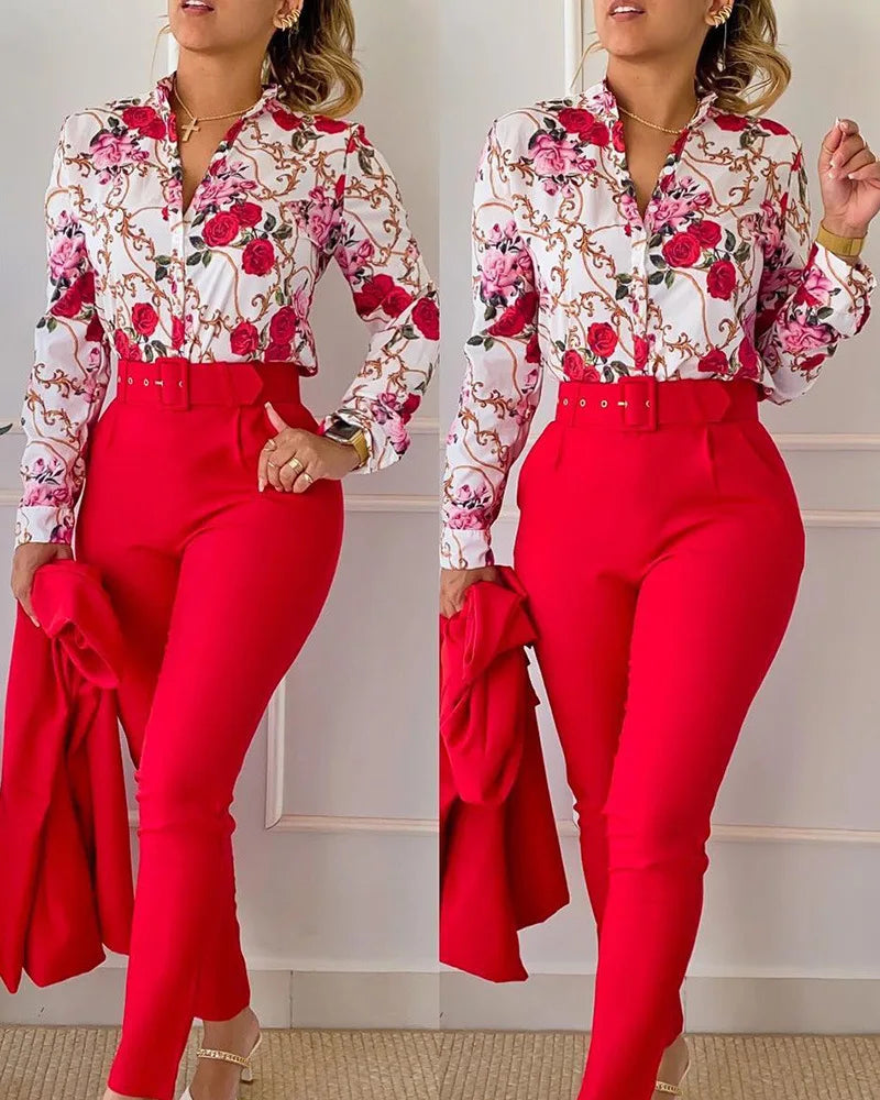 Elegant Print Shirt Pants Two Piece Set Long Sleeve High Waist | OWNLUXE