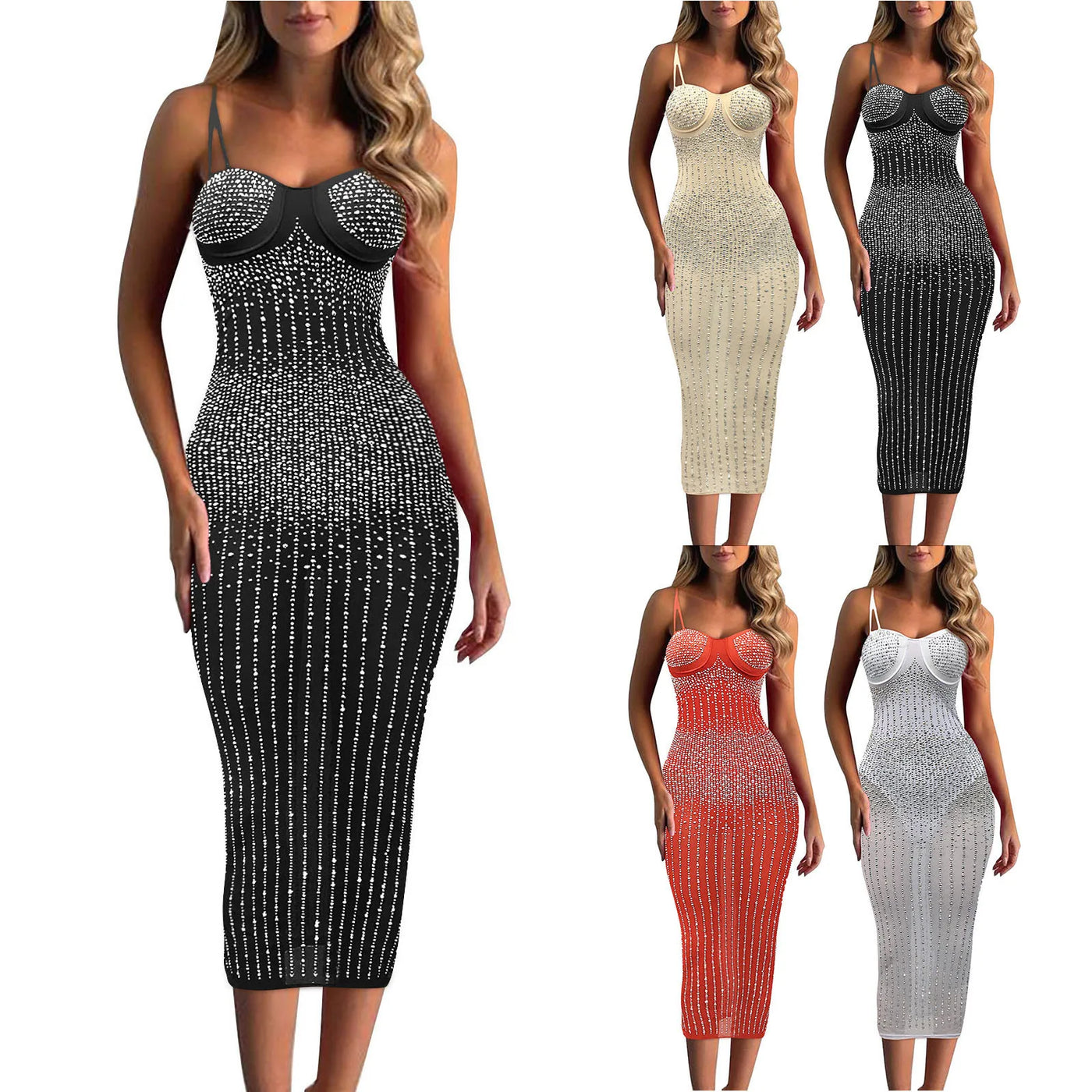 Bold Spaghetti Strap Corset Bodycon Dress, Sequin Maxi
